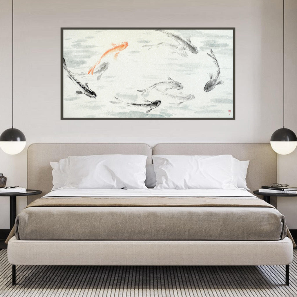 9 Koi — original Feng Shui painting of nine koi in a pond, Oriental sumi-e art, Japanese wall decor, large wall art