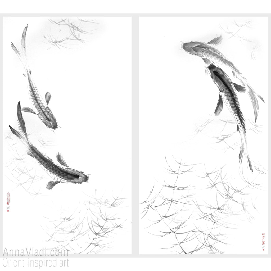 Koi Fish Sumi-e Painting Set: Original Ink Art, Feng Shui Wall Decor