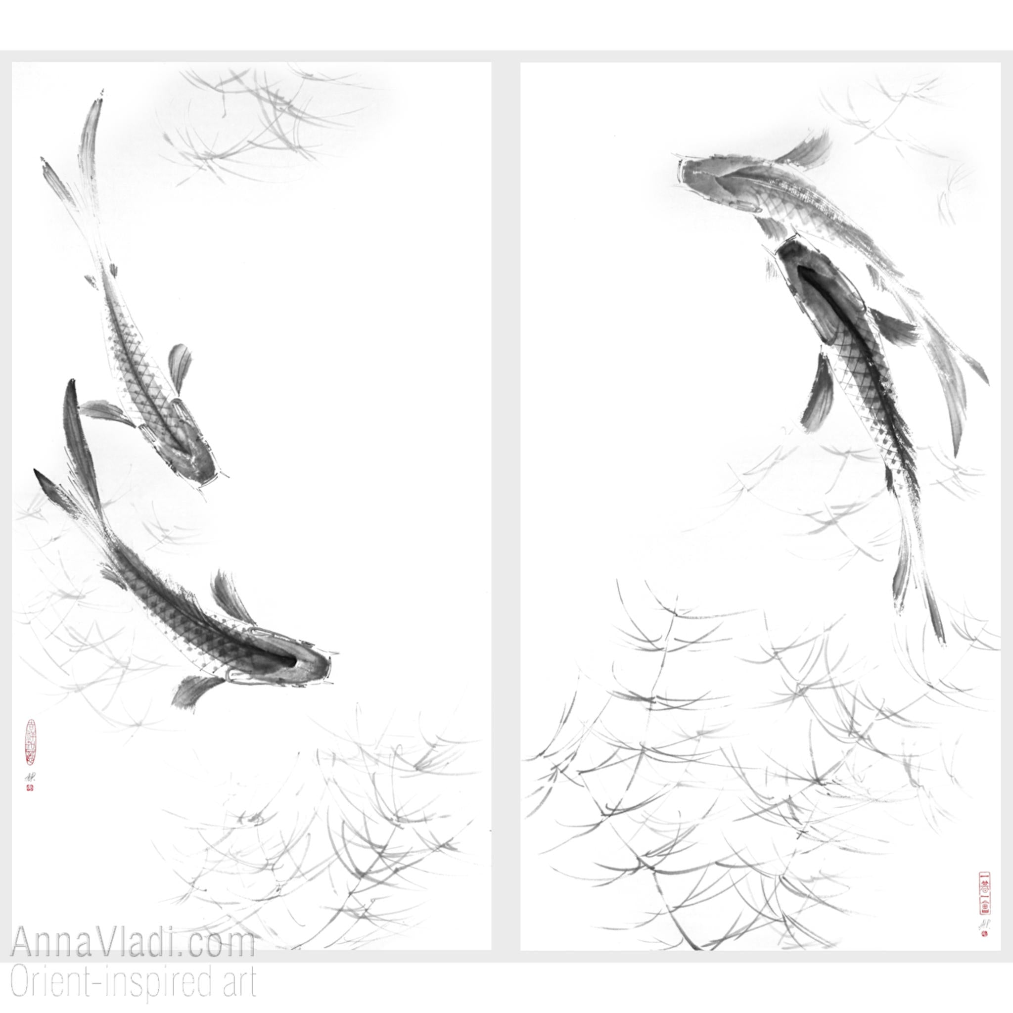 Koi Fish Sumi-e Painting Set: Original Ink Art, Feng Shui Wall Decor