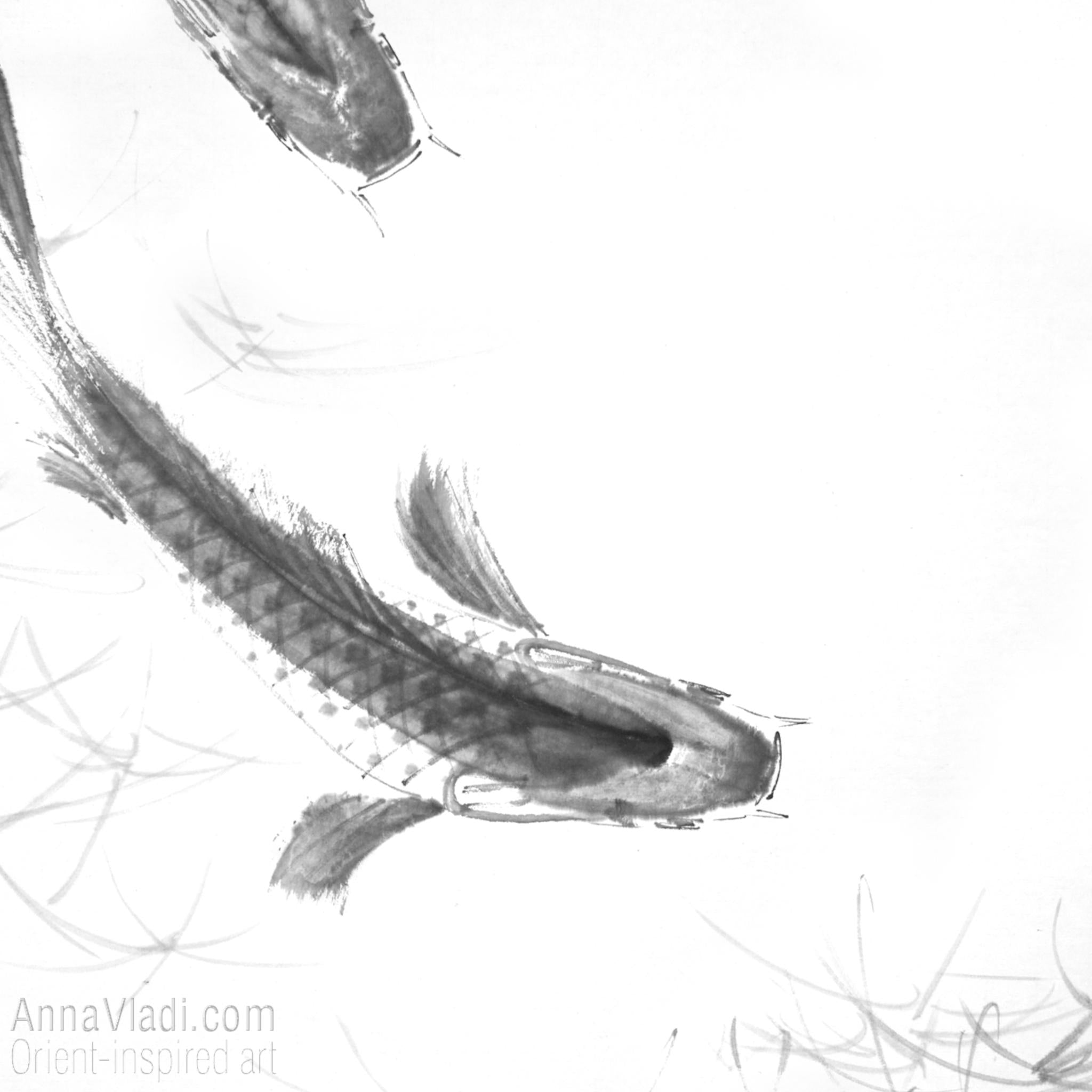Koi Fish Sumi-e Painting Set: Original Ink Art, Feng Shui Wall Decor