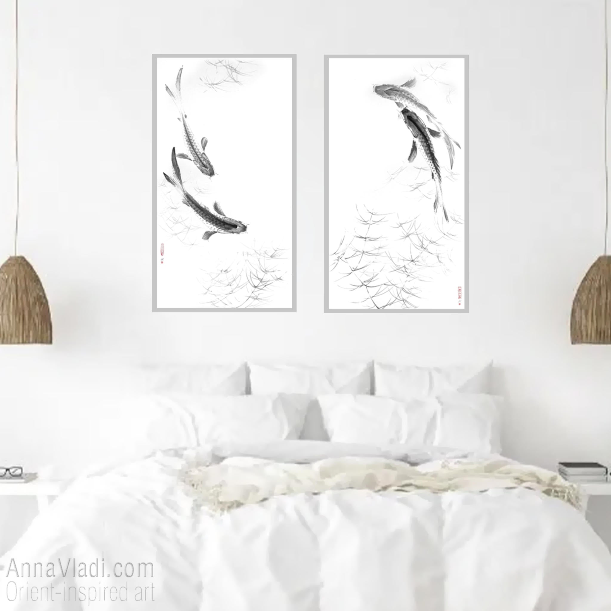 Koi Fish Sumi-e Painting Set: Original Ink Art, Feng Shui Wall Decor