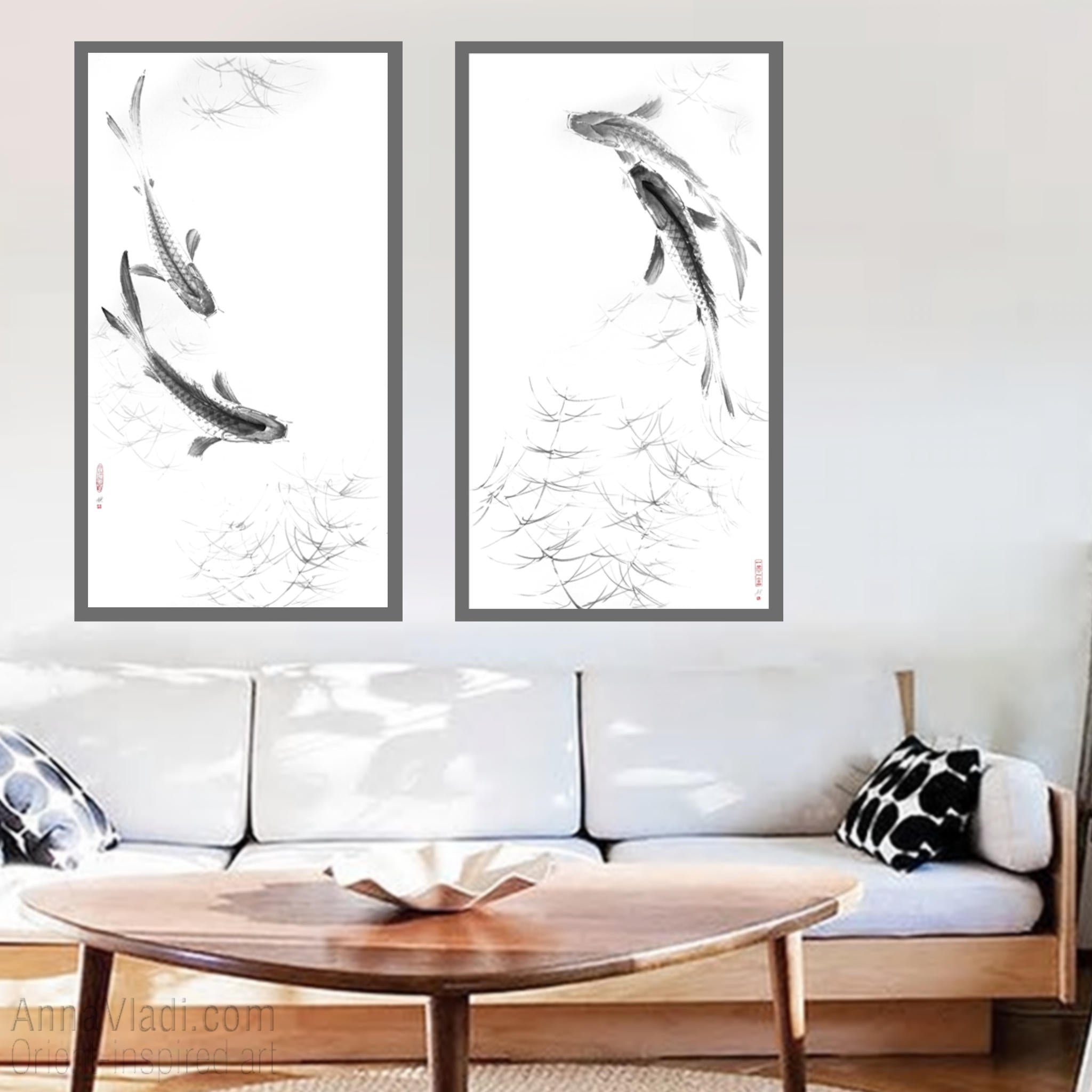 Koi Fish Sumi-e Painting Set: Original Ink Art, Feng Shui Wall Decor