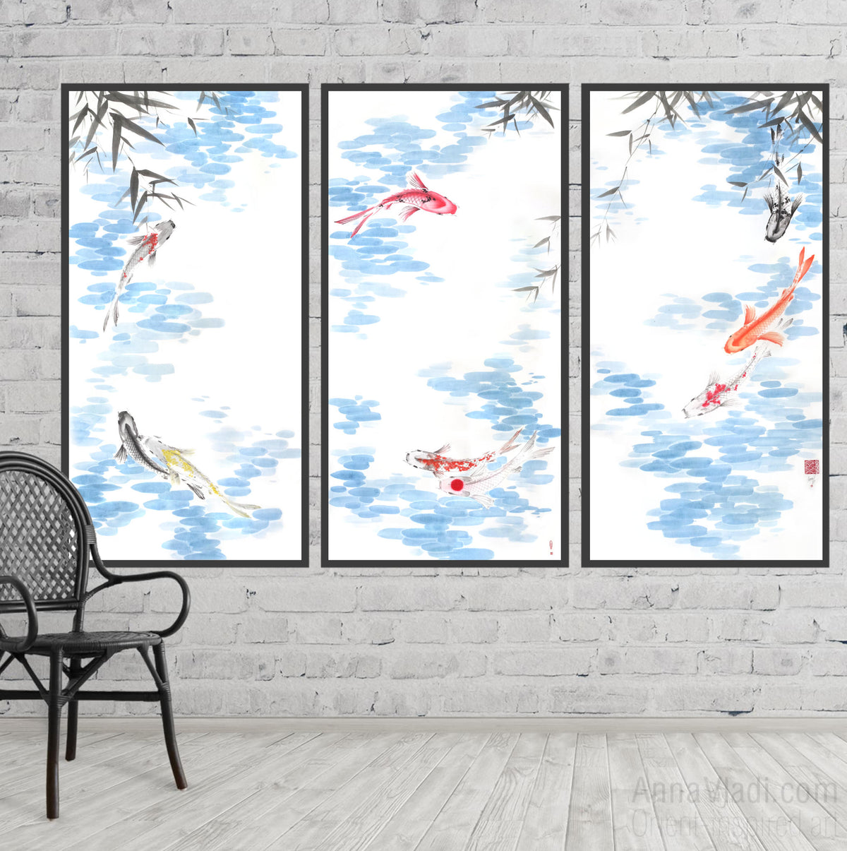 Koi Fish Set of 3 Original Paintings: Sumi-e Ink Art, Feng Shui Zen Decor