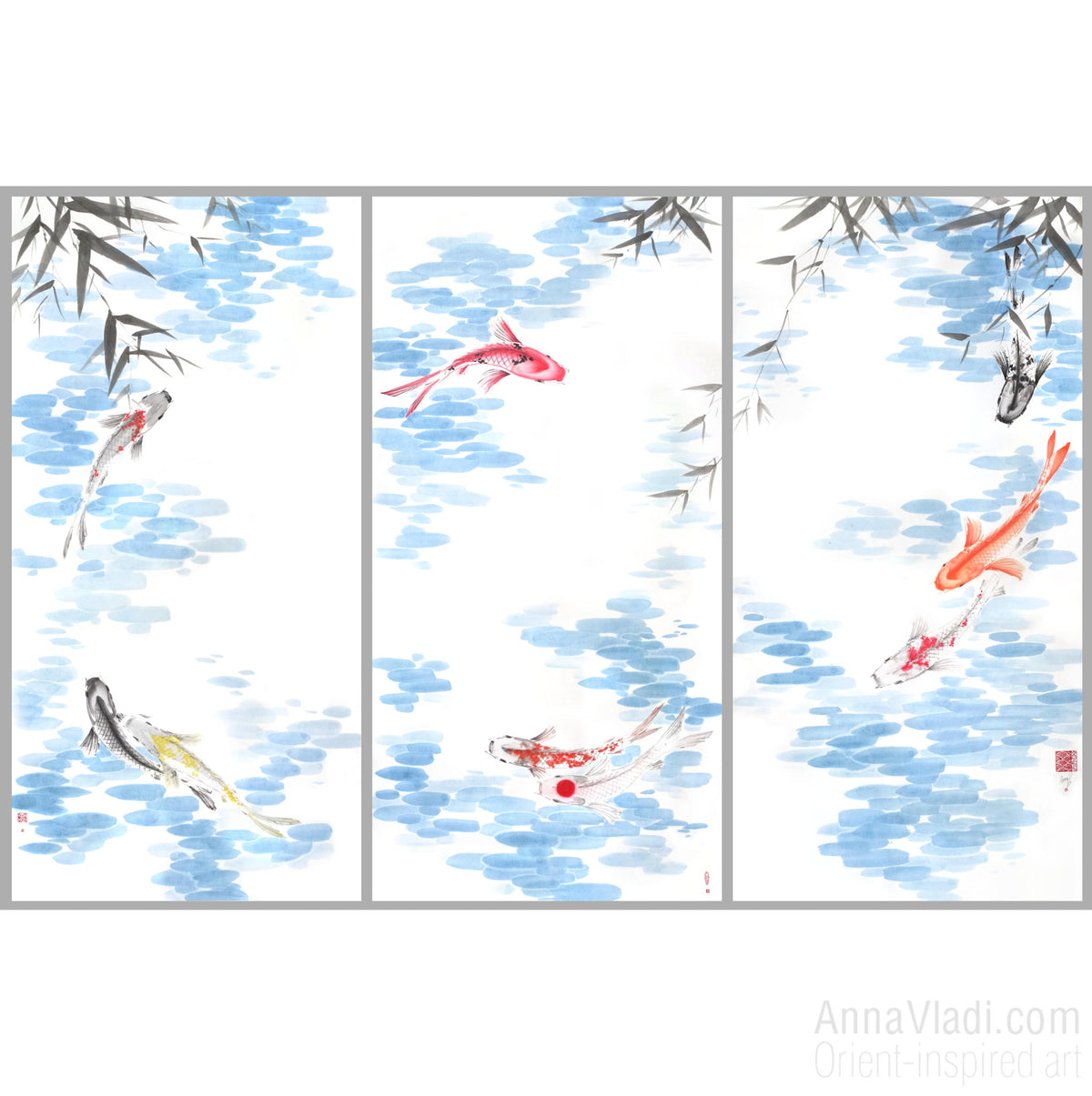 Koi Fish Set of 3 Original Paintings: Sumi-e Ink Art, Feng Shui Zen Decor