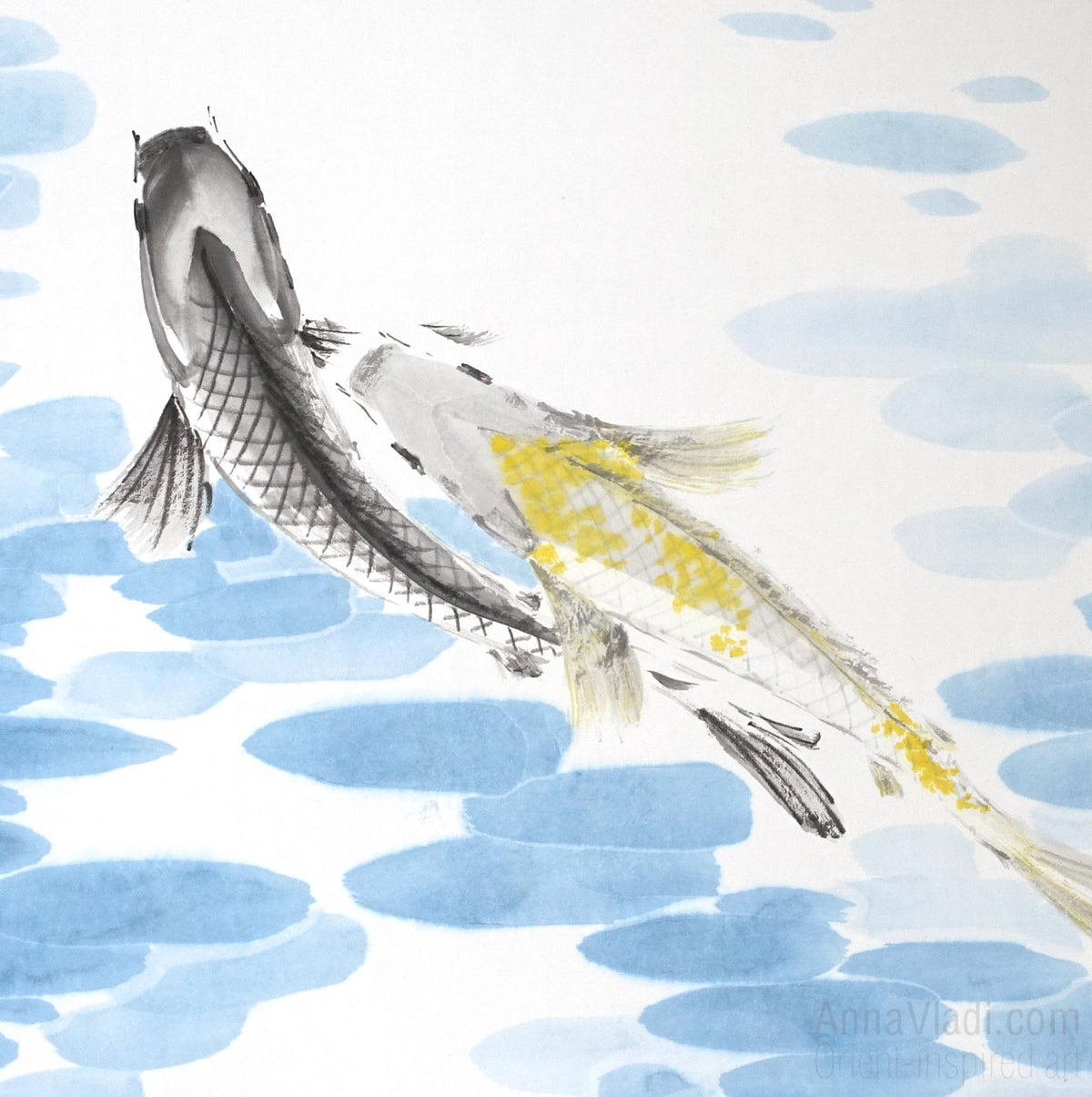 Koi Fish Set of 3 Original Paintings: Sumi-e Ink Art, Feng Shui Zen Decor