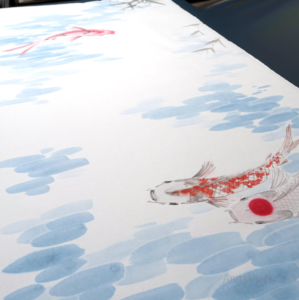 Koi Fish Set of 3 Original Paintings: Sumi-e Ink Art, Feng Shui Zen Decor