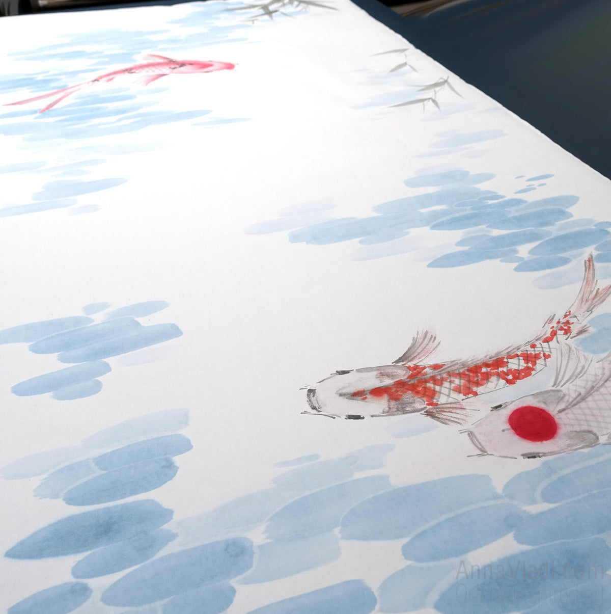 Koi Fish Set of 3 Original Paintings: Sumi-e Ink Art, Feng Shui Zen Decor