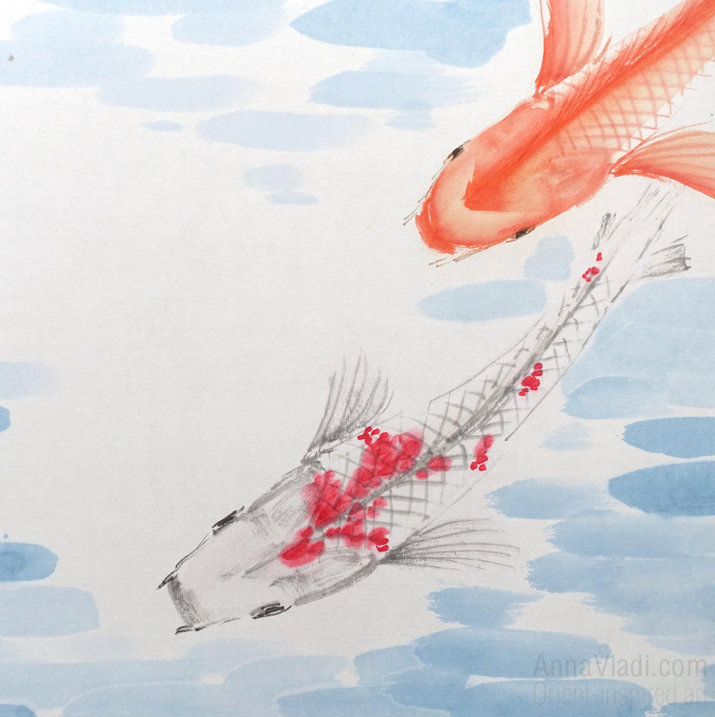 Koi Fish Set of 3 Original Paintings: Sumi-e Ink Art, Feng Shui Zen Decor