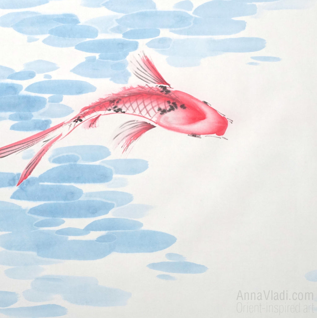 Koi Fish Set of 3 Original Paintings: Sumi-e Ink Art, Feng Shui Zen Decor