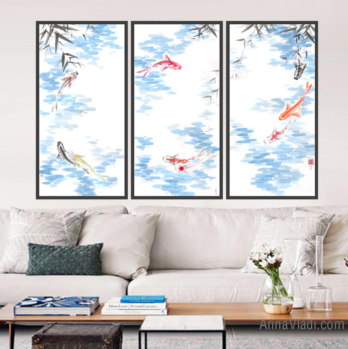 Koi Fish Set of 3 Original Paintings: Sumi-e Ink Art, Feng Shui Zen Decor
