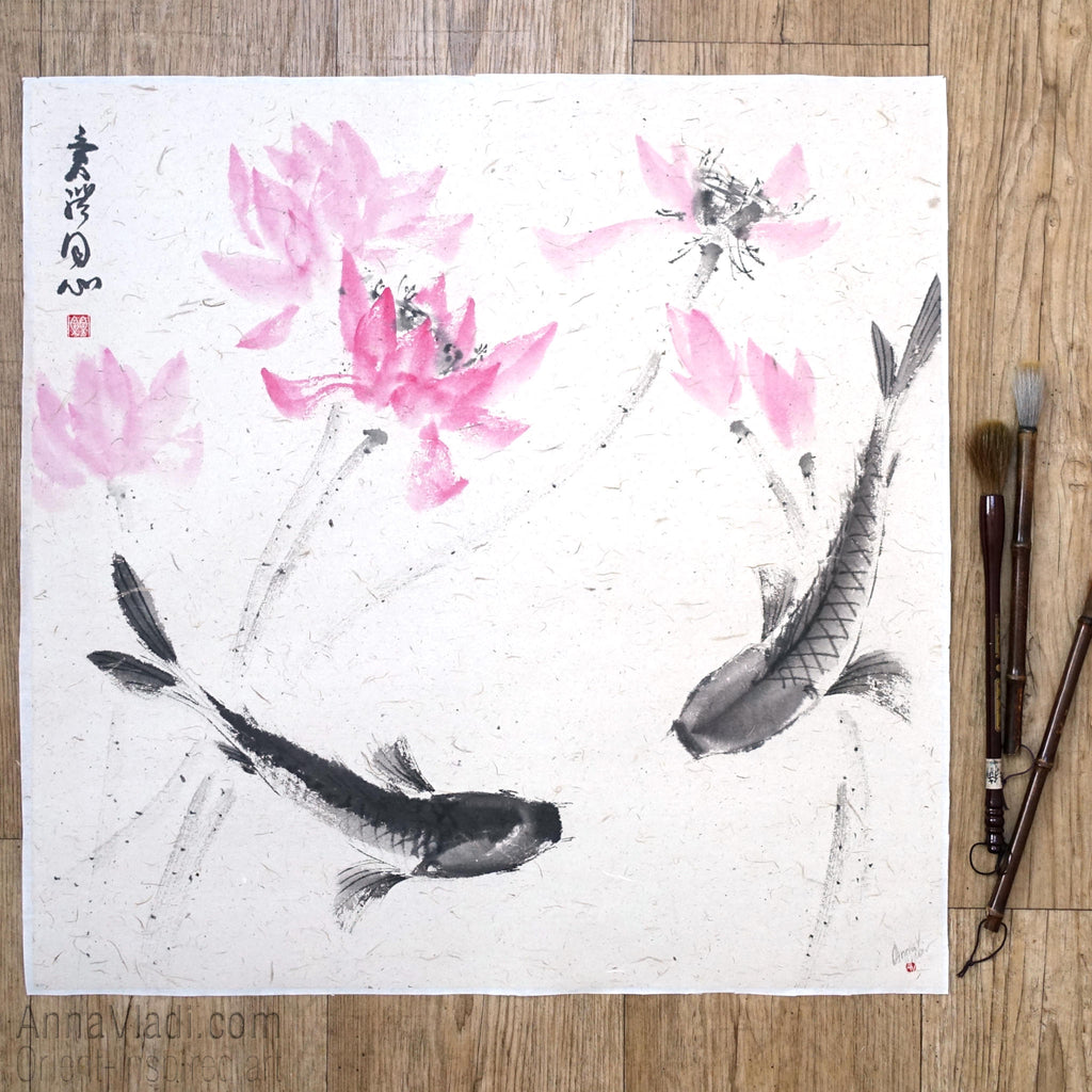 Koi Fish Sumi-e Painting "Harmony of Two Hearts"