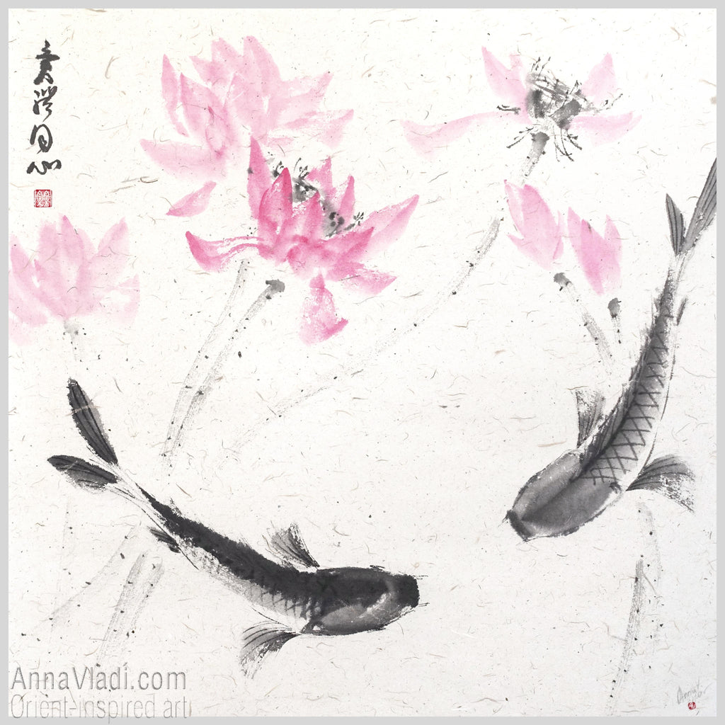 Koi Fish Sumi-e Painting "Harmony of Two Hearts"