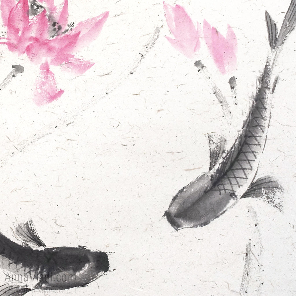 Koi Fish Sumi-e Painting "Harmony of Two Hearts"