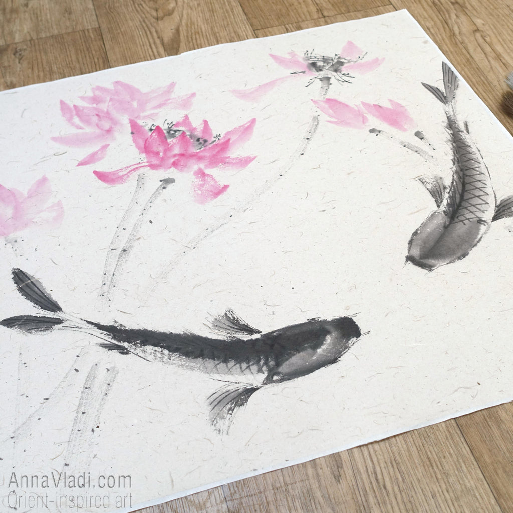Koi Fish Sumi-e Painting "Harmony of Two Hearts"
