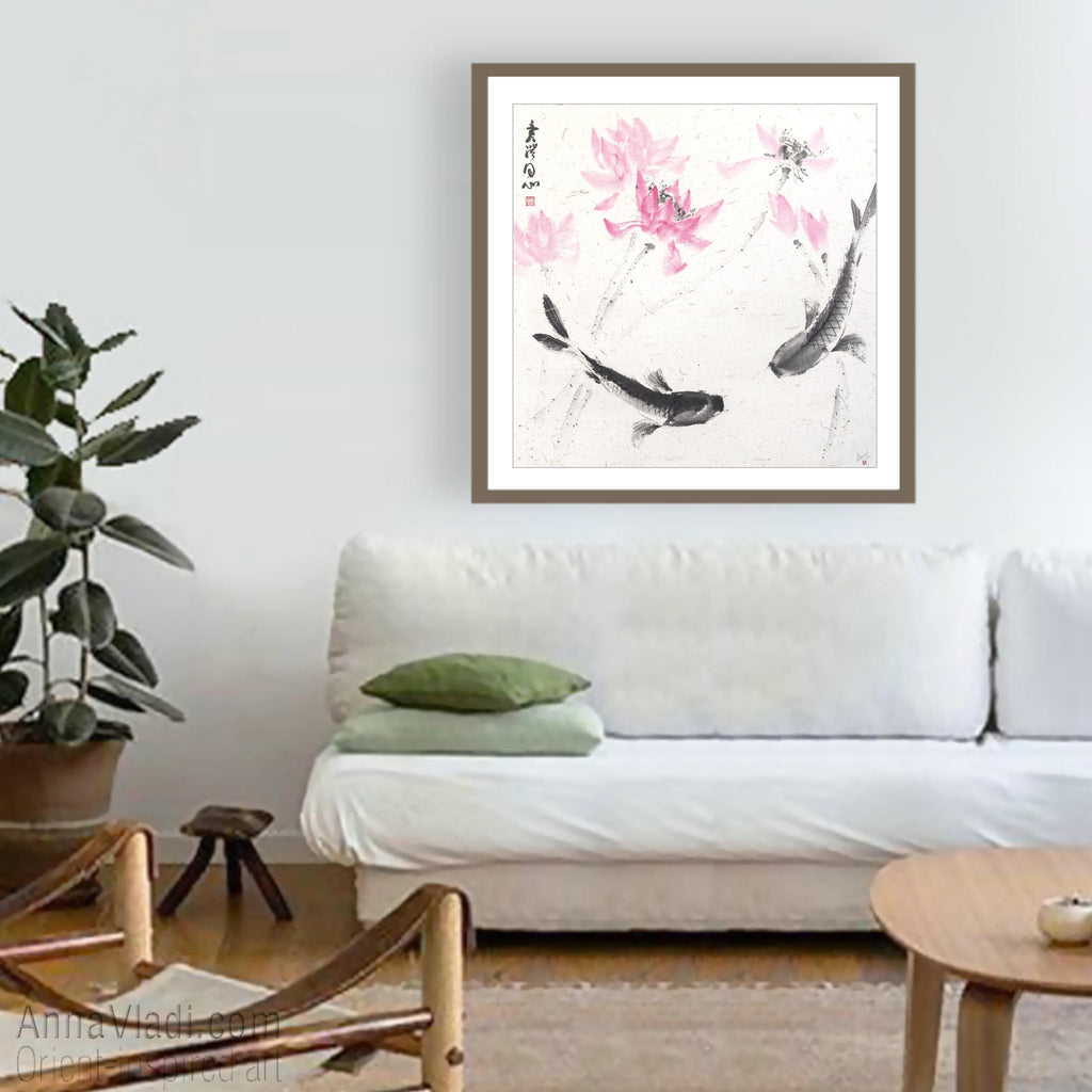 Koi Fish Sumi-e Painting "Harmony of Two Hearts"
