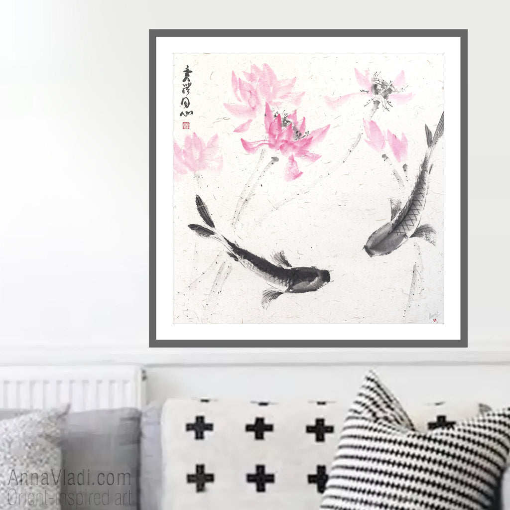 Koi Fish Sumi-e Painting "Harmony of Two Hearts"