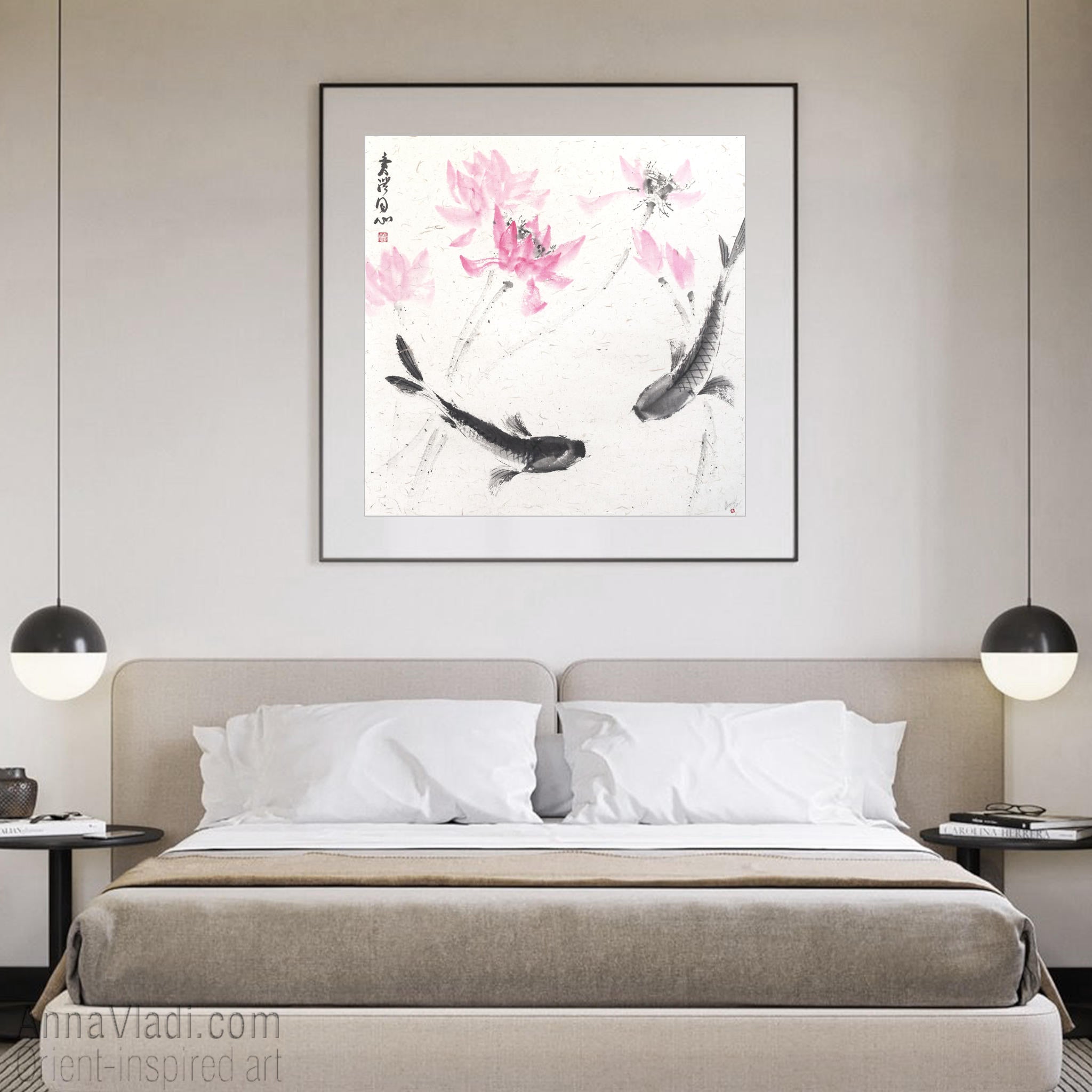 Koi Fish Sumi-e Painting "Harmony of Two Hearts"