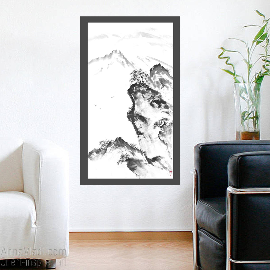 Mountain Landscape with Pine Trees — sumi e ink wash black and white original painting