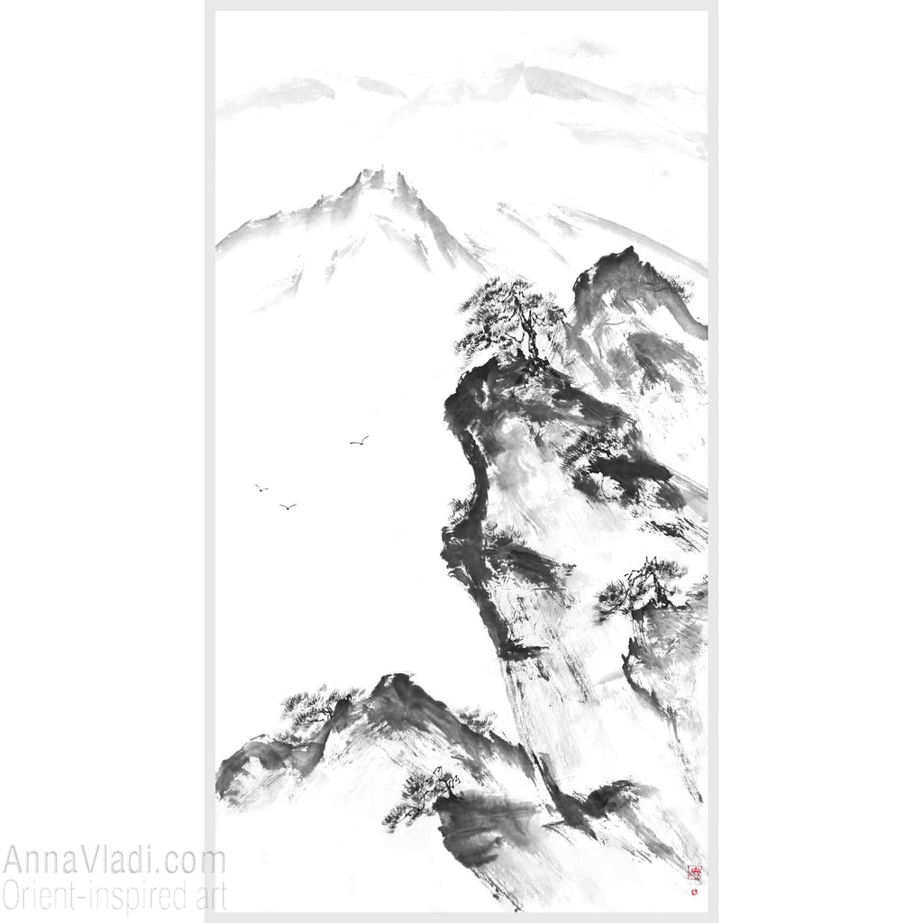 Mountain Landscape with Pine Trees — sumi e ink wash black and white original painting