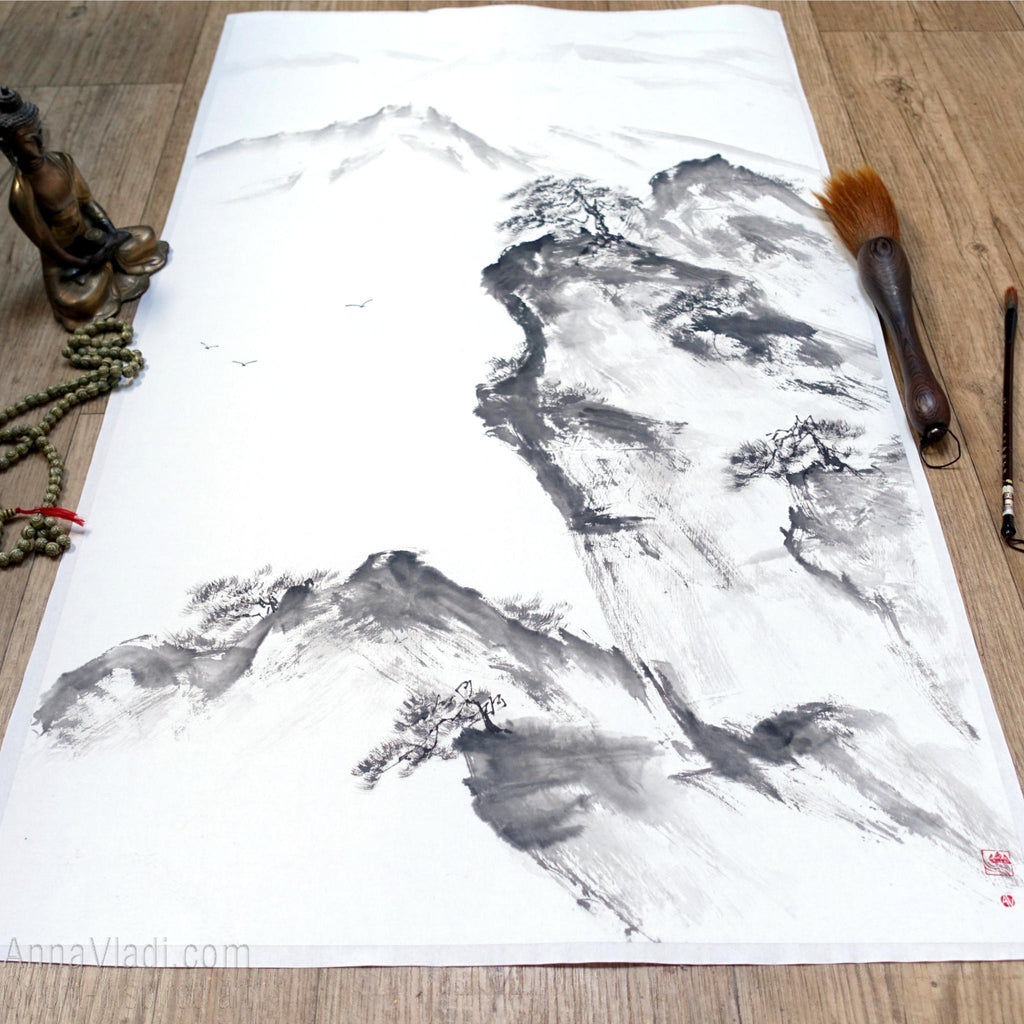 Mountain Landscape with Pine Trees — sumi e ink wash black and white original painting
