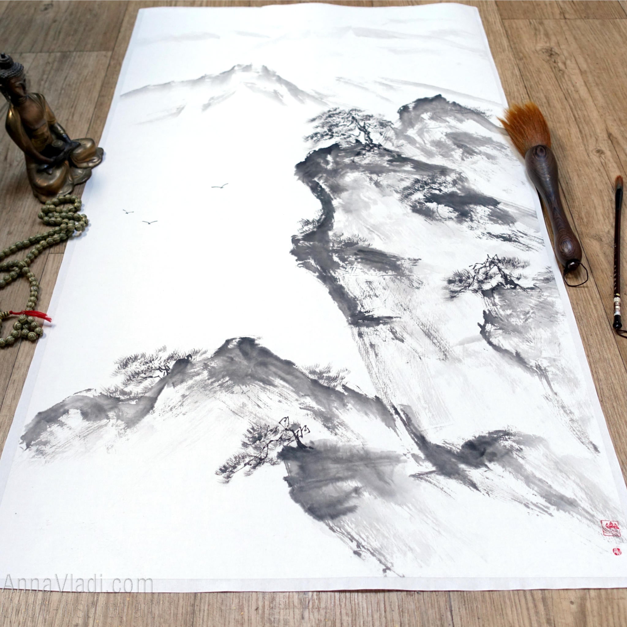 Mountain Landscape with Pine Trees — sumi e ink wash black and white original painting