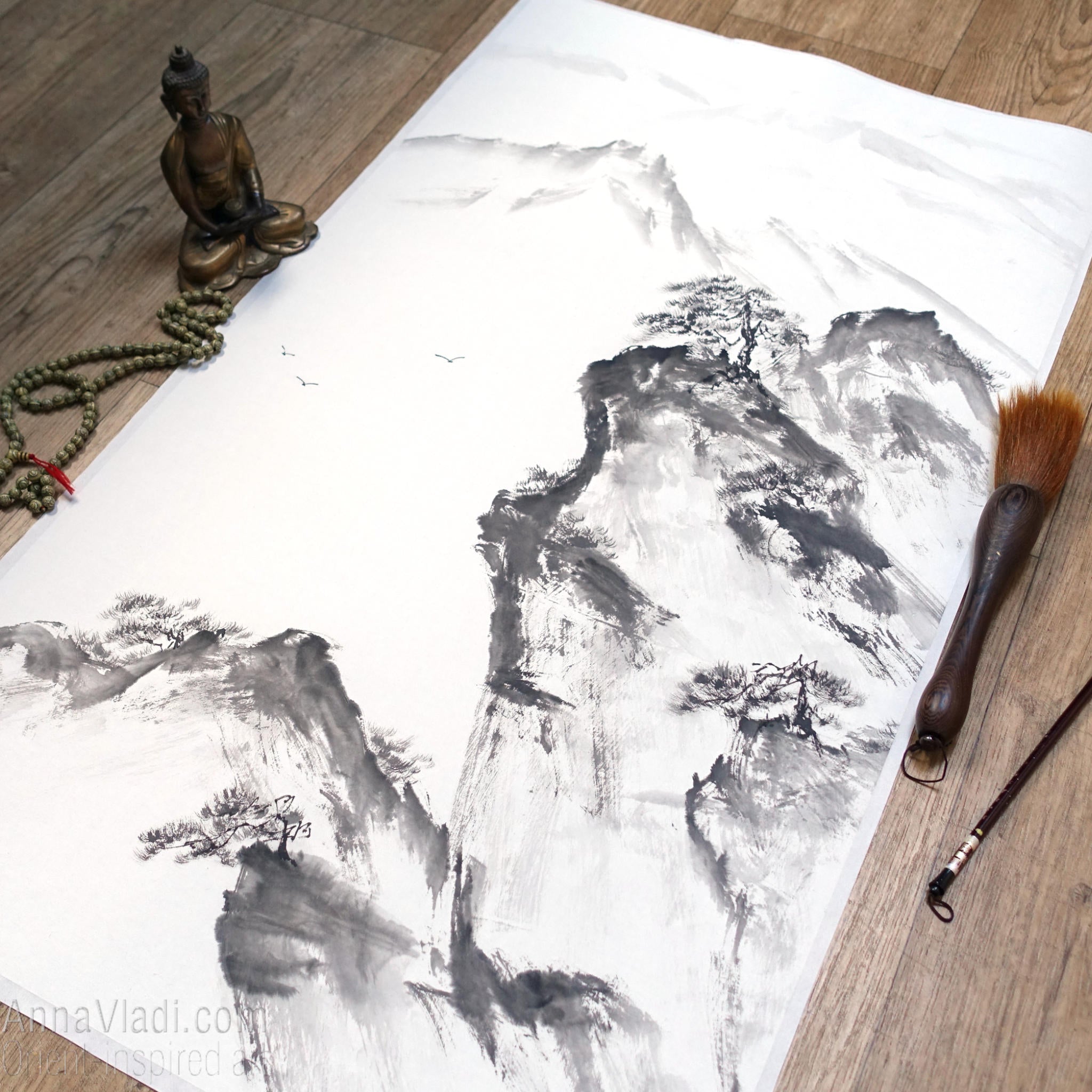 Mountain Landscape with Pine Trees — sumi e ink wash black and white original painting