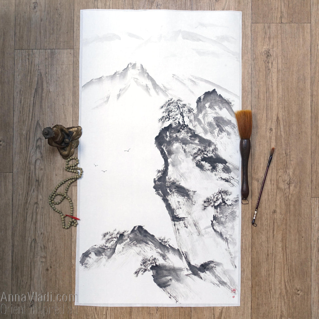 Mountain Landscape with Pine Trees — sumi e ink wash black and white original painting