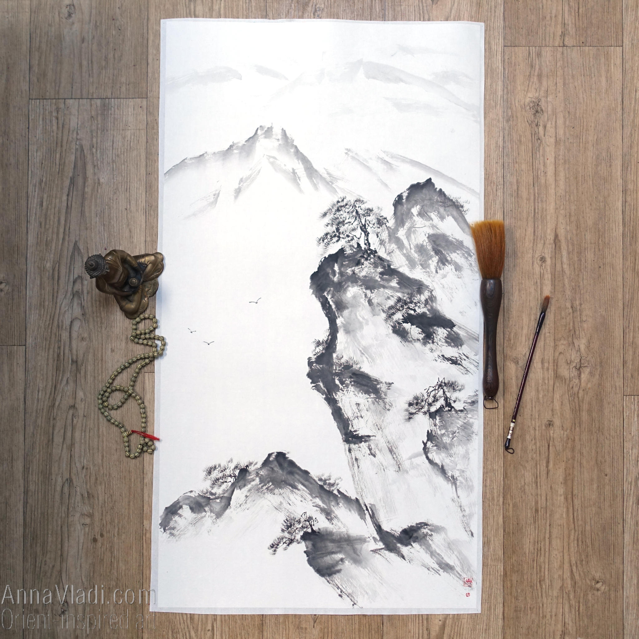 Mountain Landscape with Pine Trees — sumi e ink wash black and white original painting