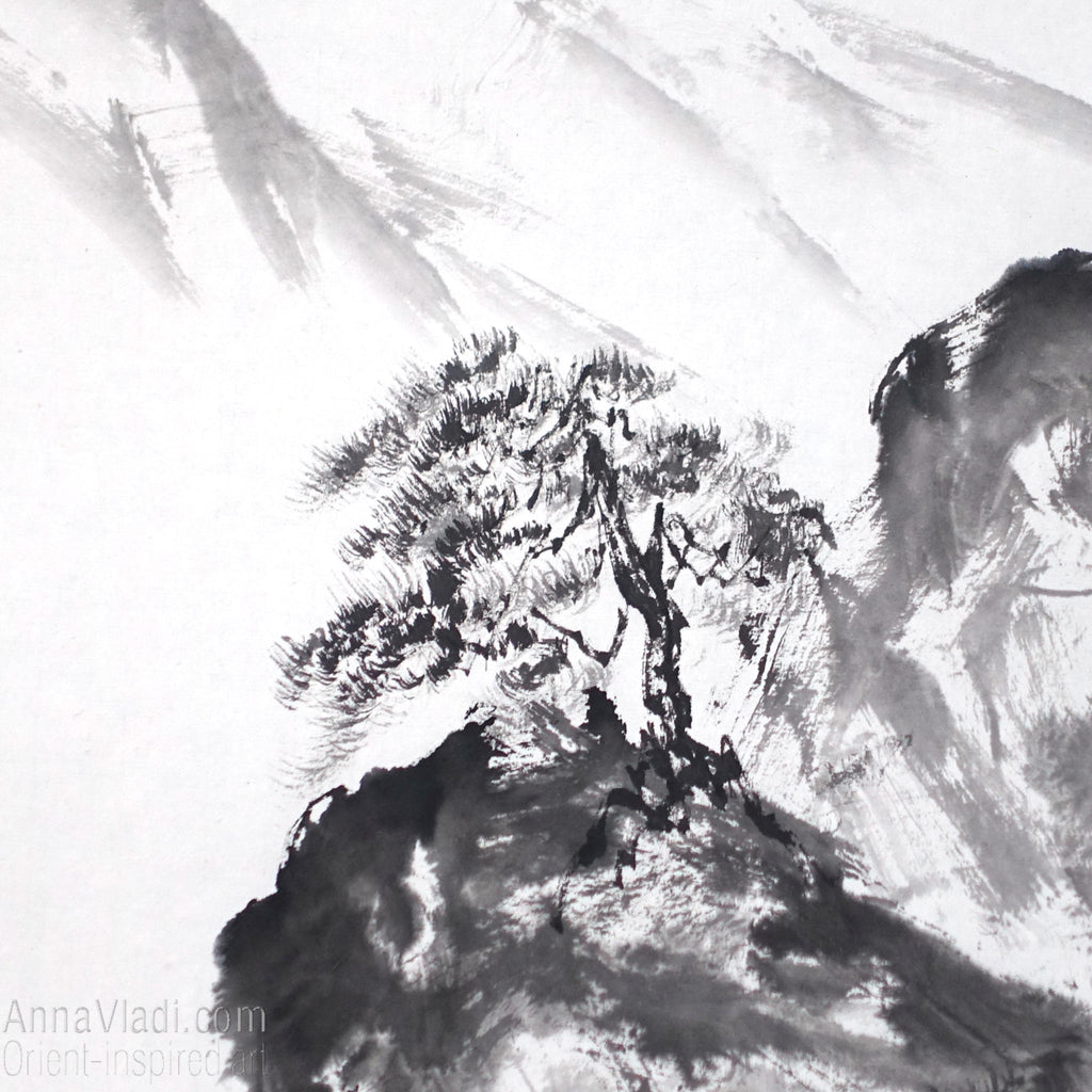 Mountain Landscape with Pine Trees — sumi e ink wash black and white original painting