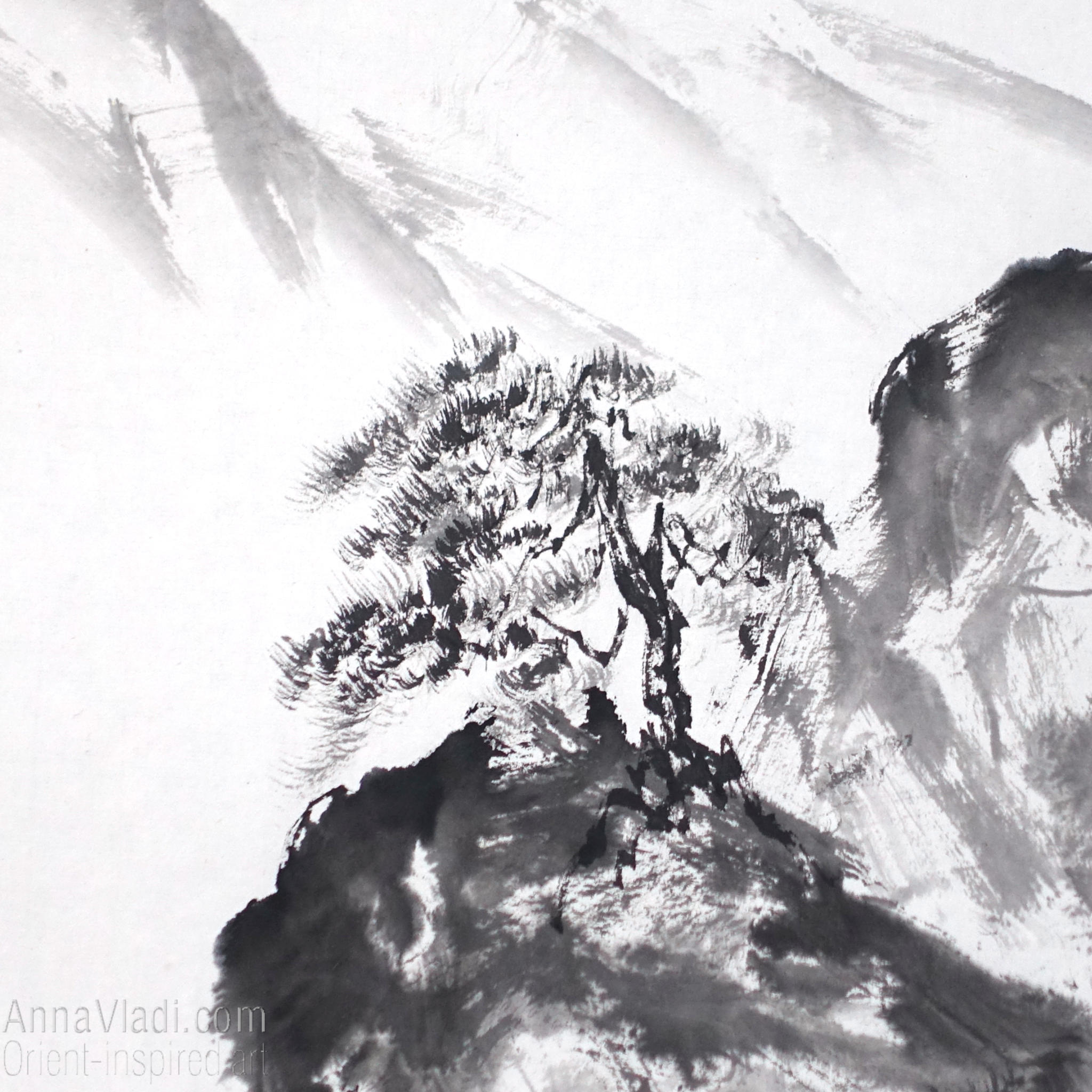 Mountain Landscape with Pine Trees — sumi e ink wash black and white original painting