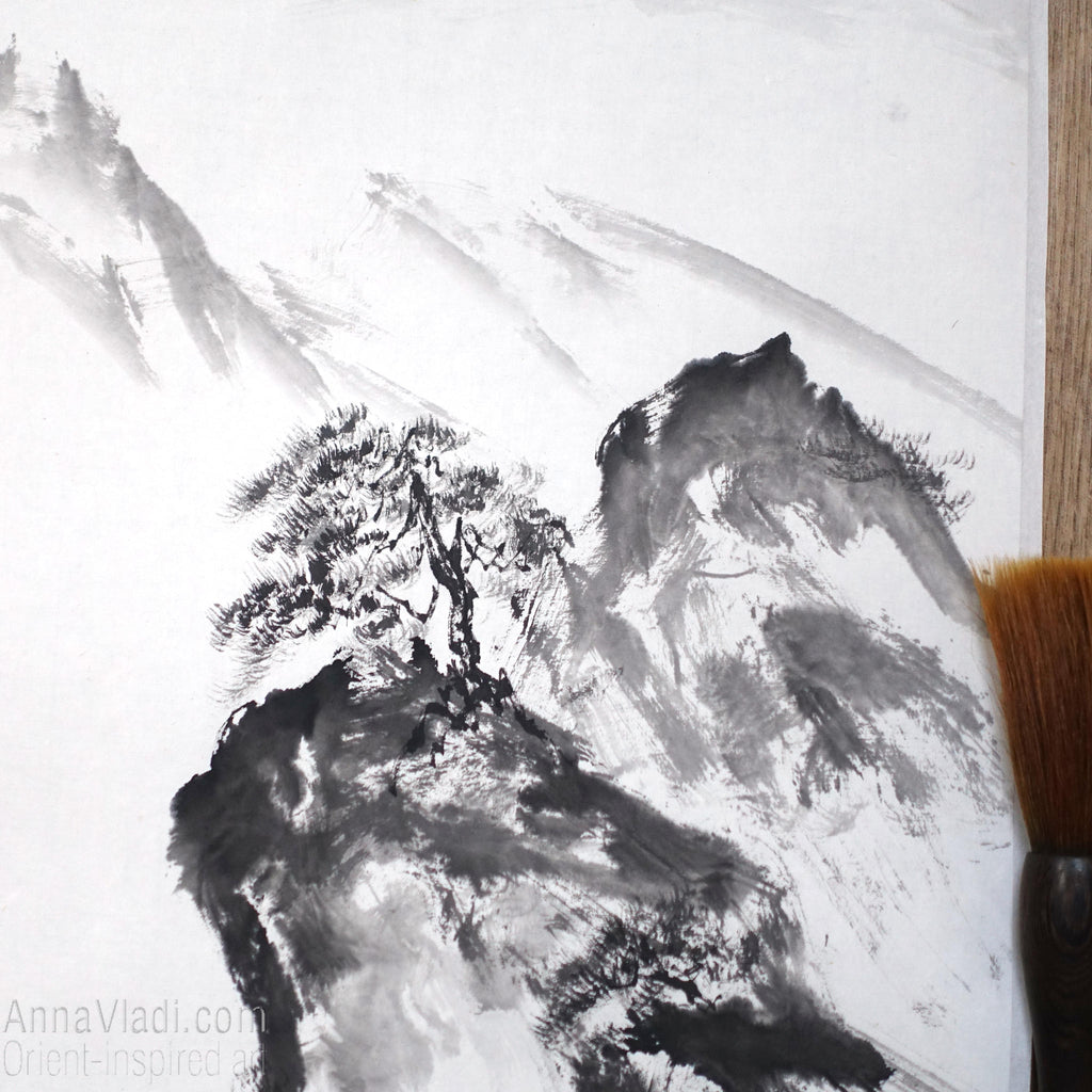 Mountain Landscape with Pine Trees — sumi e ink wash black and white original painting