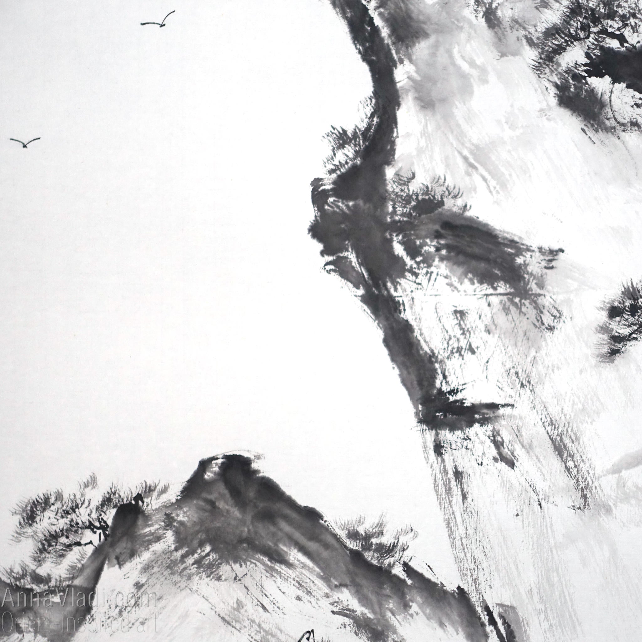 Mountain Landscape with Pine Trees — sumi e ink wash black and white original painting