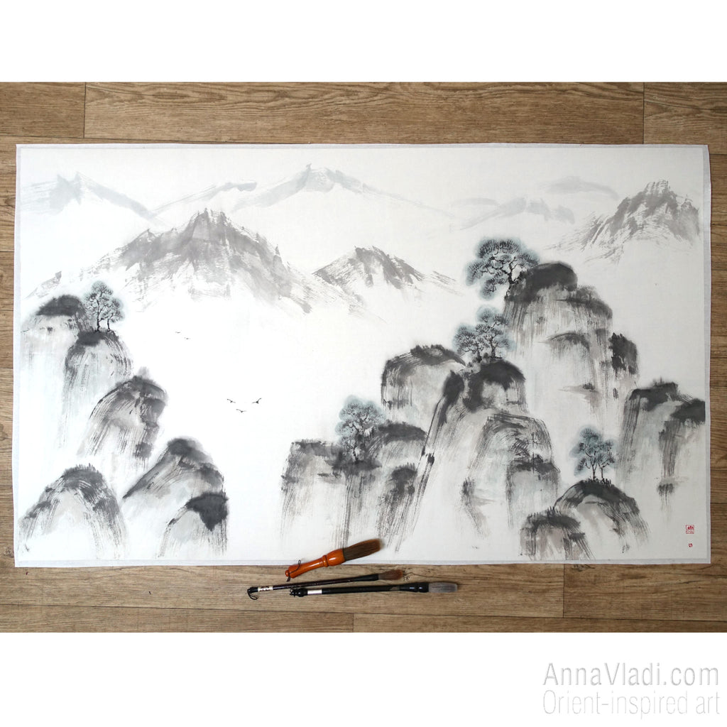 Sumi-e Mountain Landscape Painting: Japanese Zen Art