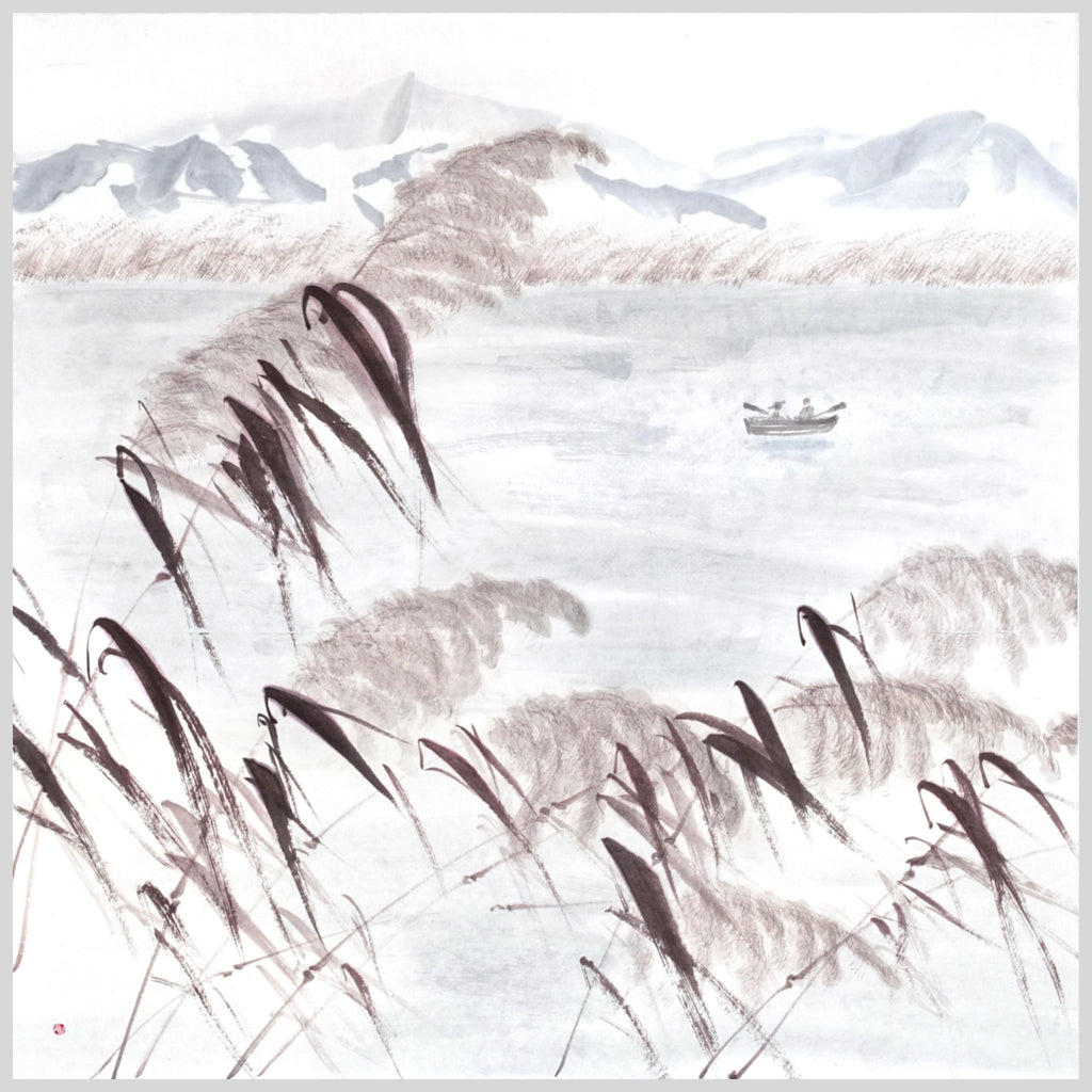 Lake and Hills Landscape — original sumi-e painting, Japanese ink on rice paper, East Asian wall decor, Zen art