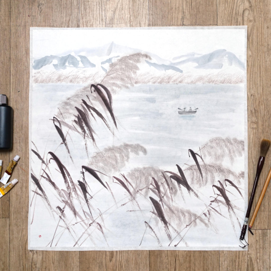 Lake and Hills Landscape — original sumi-e painting, Japanese ink on rice paper, East Asian wall decor, Zen art