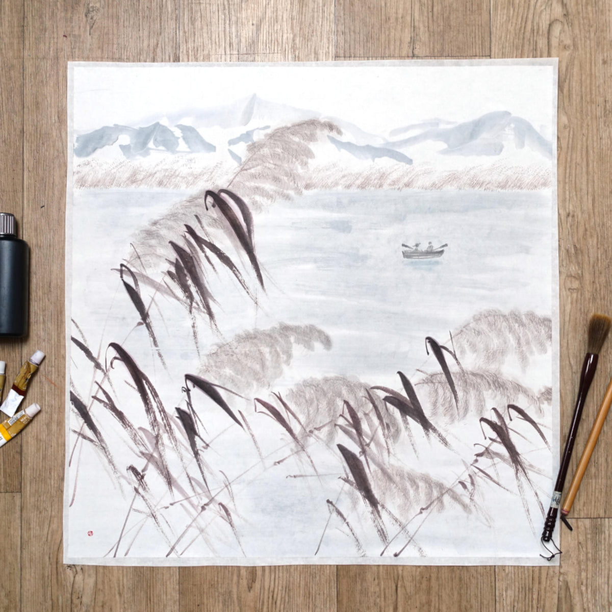 Lake and Hills Landscape — original sumi-e painting, Japanese ink on rice paper, East Asian wall decor, Zen art
