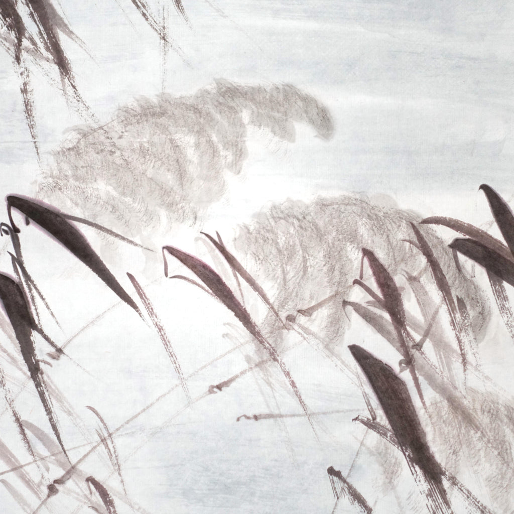 Lake and Hills Landscape — original sumi-e painting, Japanese ink on rice paper, East Asian wall decor, Zen art