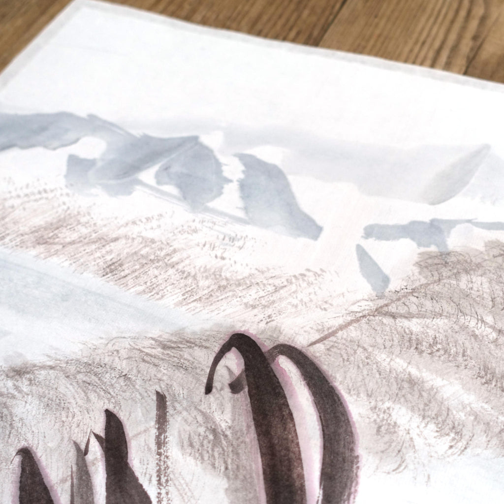 Lake and Hills Landscape — original sumi-e painting, Japanese ink on rice paper, East Asian wall decor, Zen art