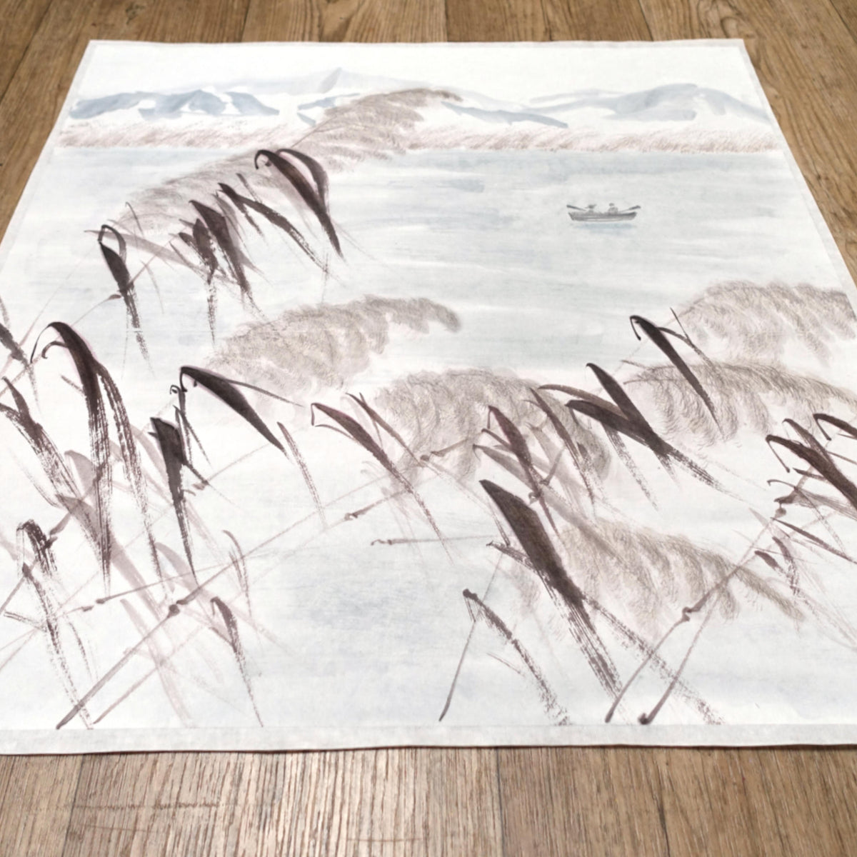 Lake and Hills Landscape — original sumi-e painting, Japanese ink on rice paper, East Asian wall decor, Zen art