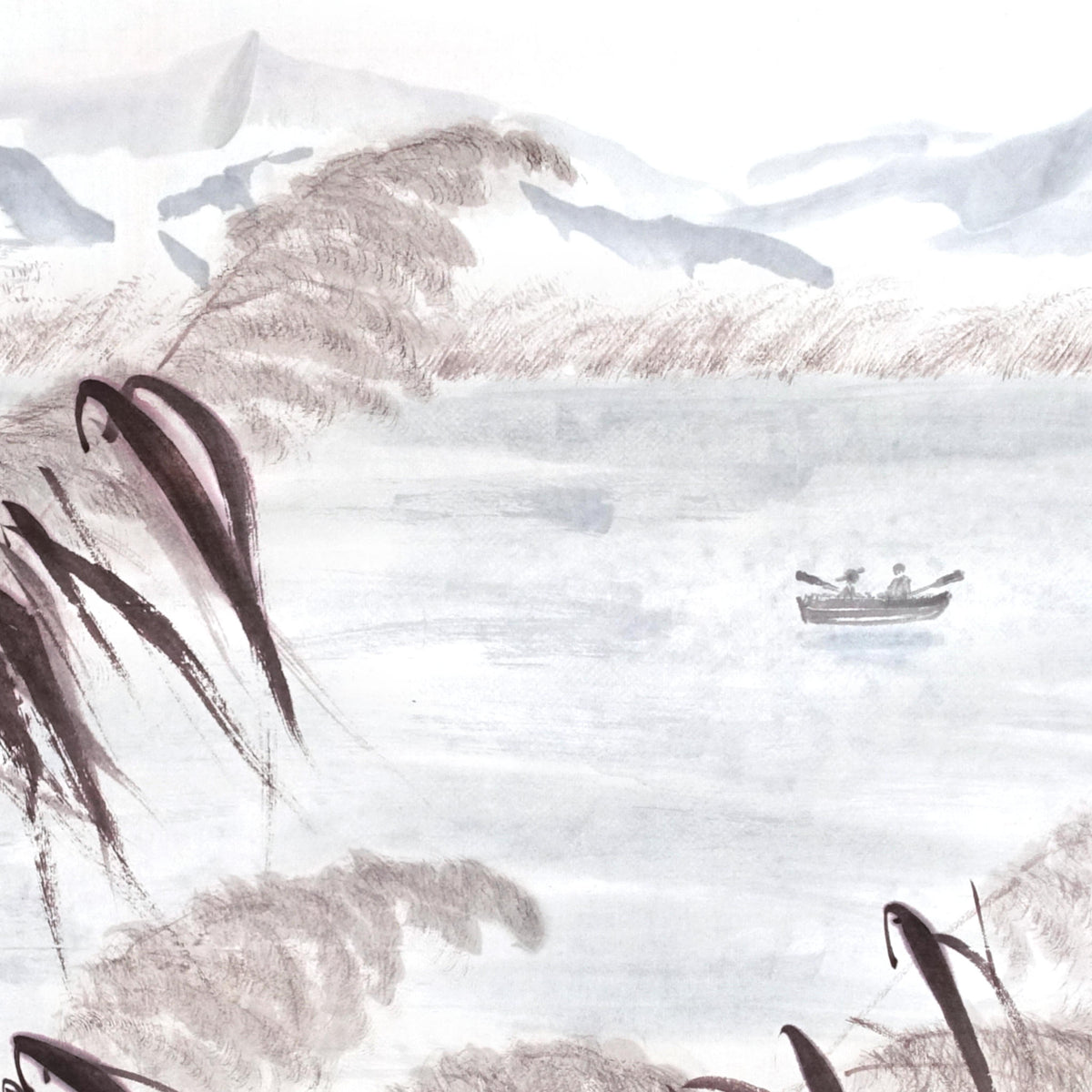 Lake and Hills Landscape — original sumi-e painting, Japanese ink on rice paper, East Asian wall decor, Zen art