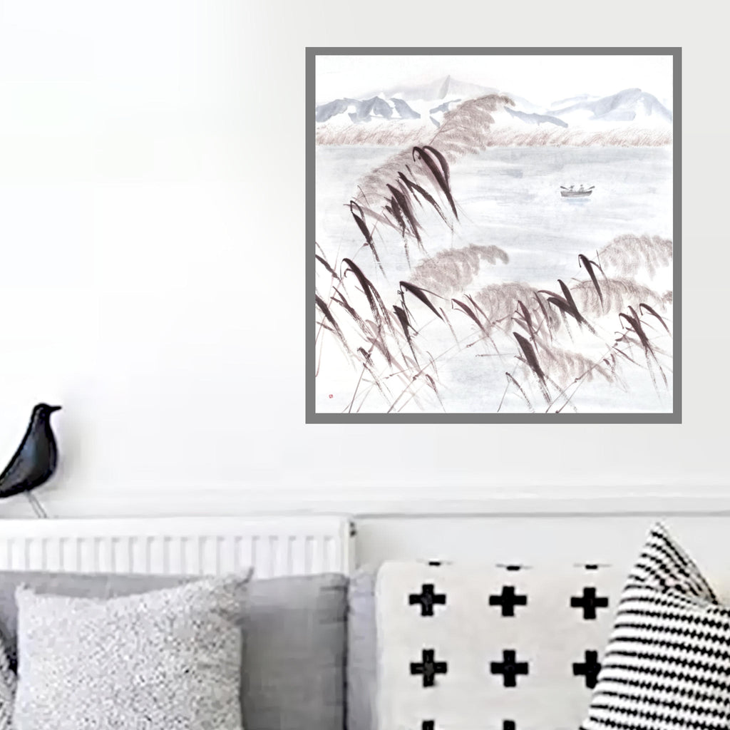 Lake and Hills Landscape — original sumi-e painting, Japanese ink on rice paper, East Asian wall decor, Zen art