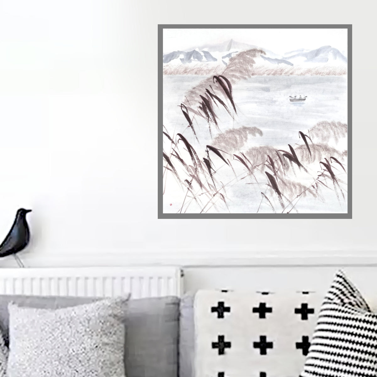 Lake and Hills Landscape — original sumi-e painting, Japanese ink on rice paper, East Asian wall decor, Zen art