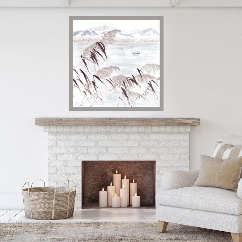 Lake and Hills Landscape — original sumi-e painting, Japanese ink on rice paper, East Asian wall decor, Zen art