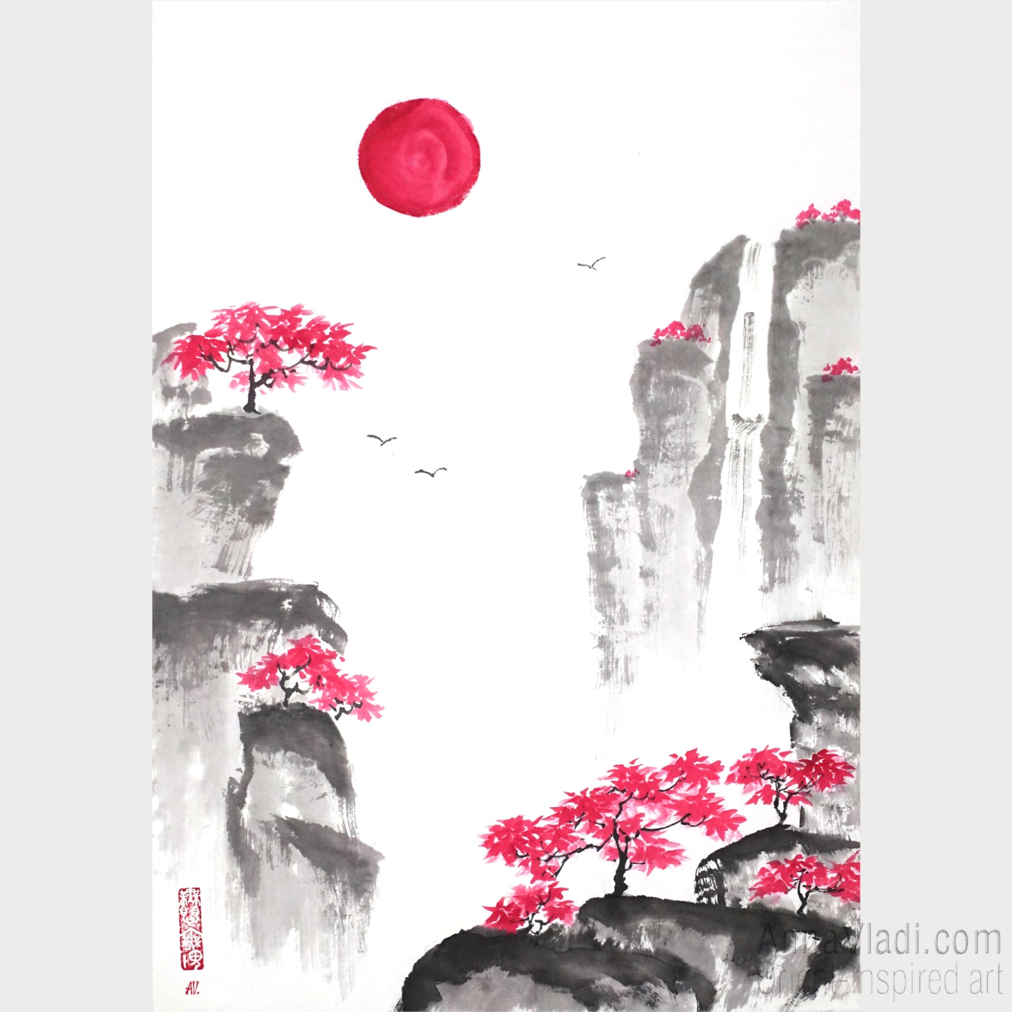 Oriental Mountain Landscape - Original sumi-e painting on rice paper