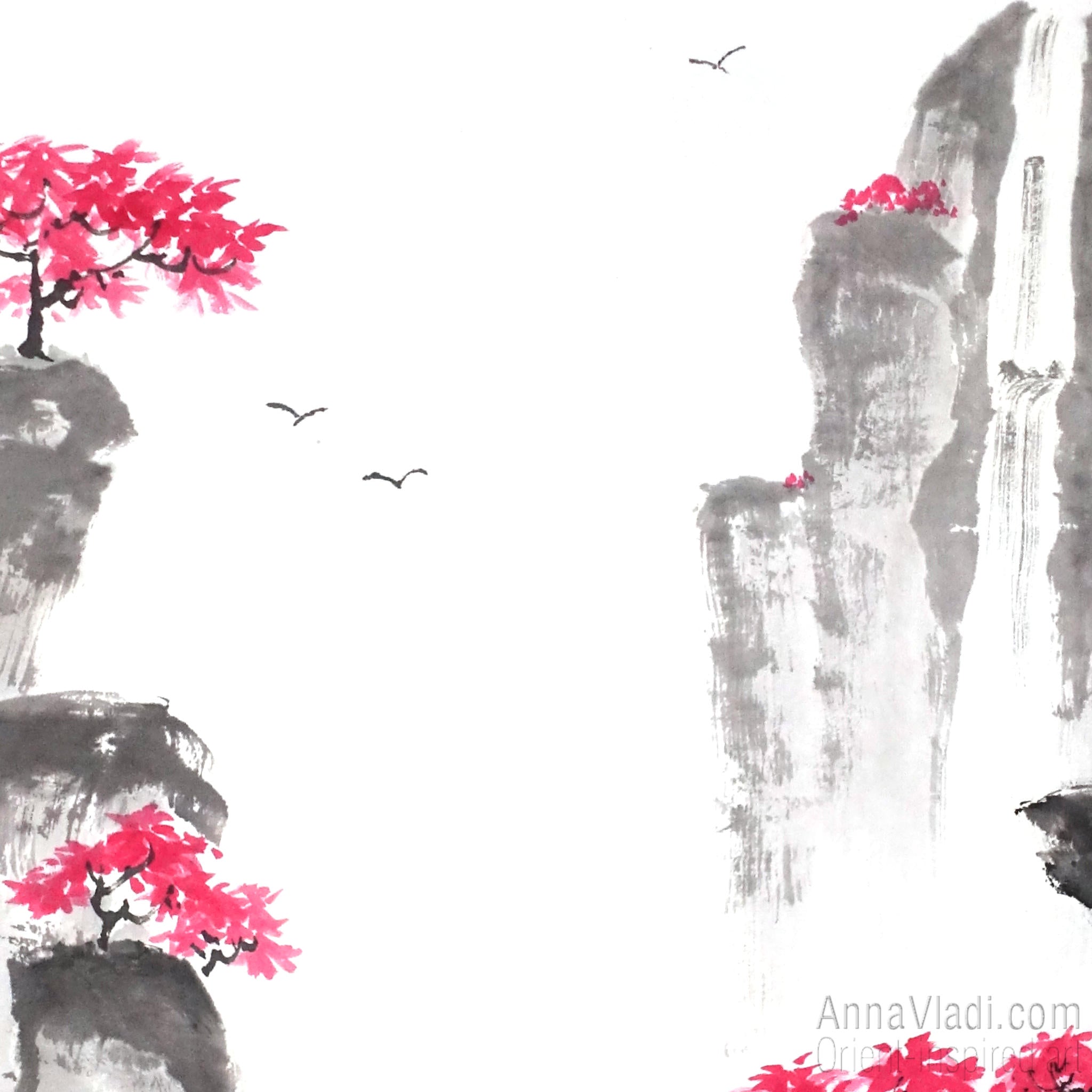 Oriental Mountain Landscape - Original sumi-e painting on rice paper