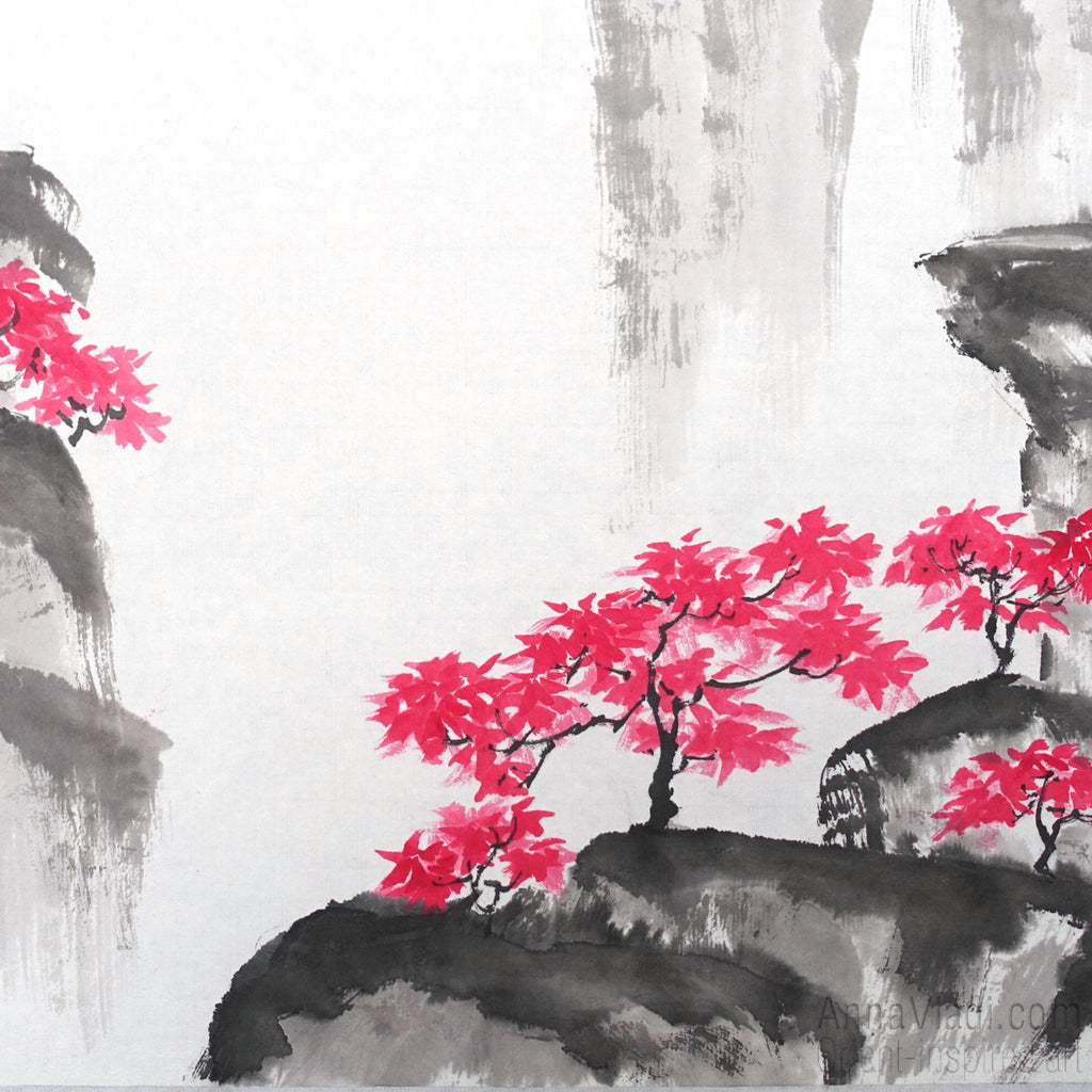 Oriental Mountain Landscape - Original sumi-e painting on rice paper