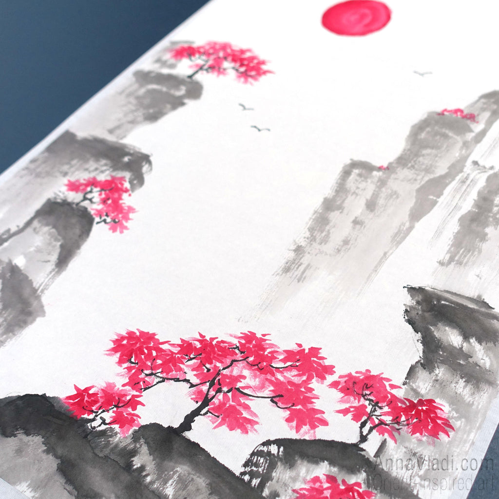 Oriental Mountain Landscape - Original sumi-e painting on rice paper
