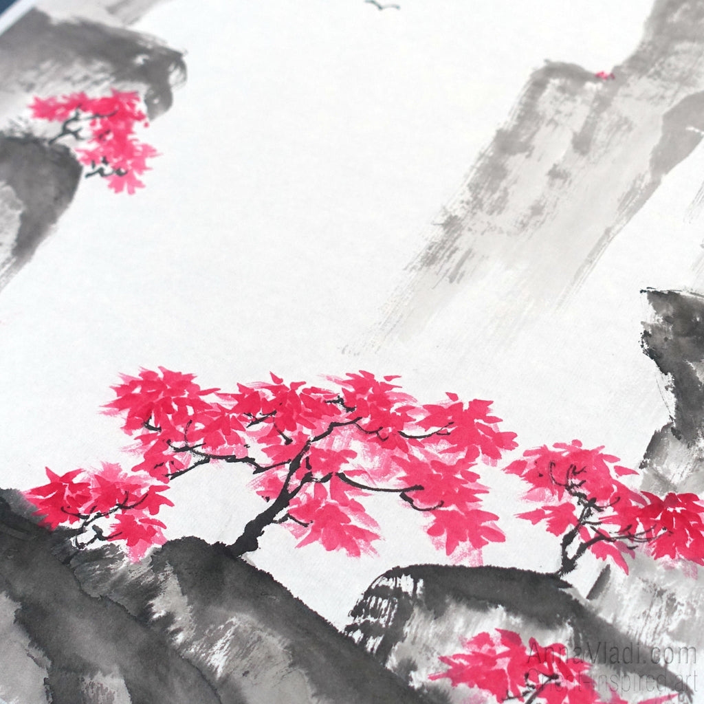 Oriental Mountain Landscape - Original sumi-e painting on rice paper