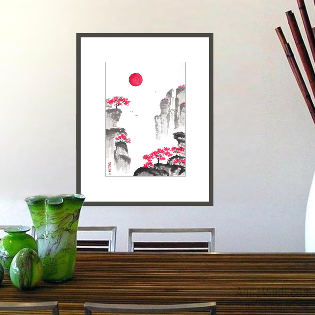 Oriental Mountain Landscape - Original sumi-e painting on rice paper