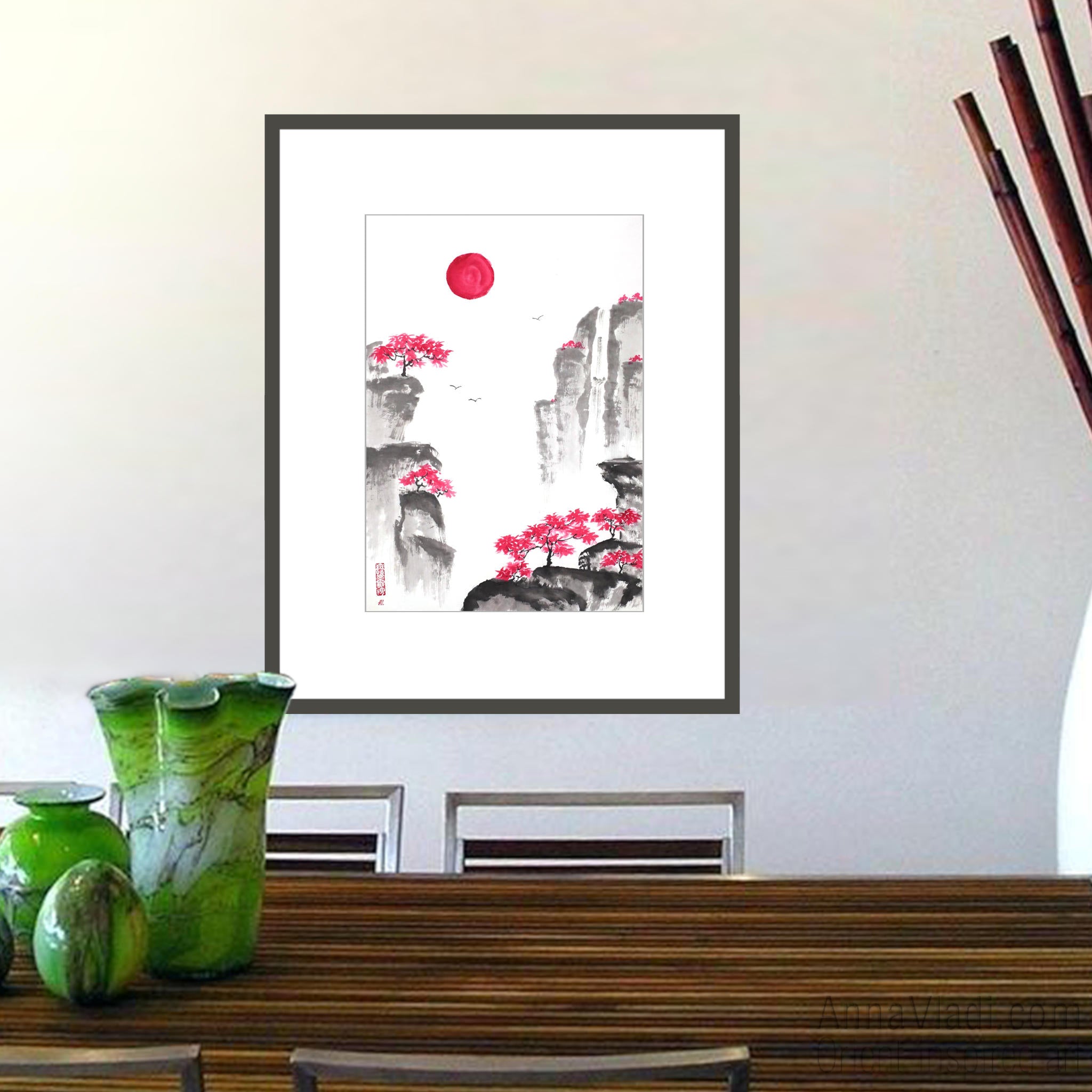 Oriental Mountain Landscape - Original sumi-e painting on rice paper